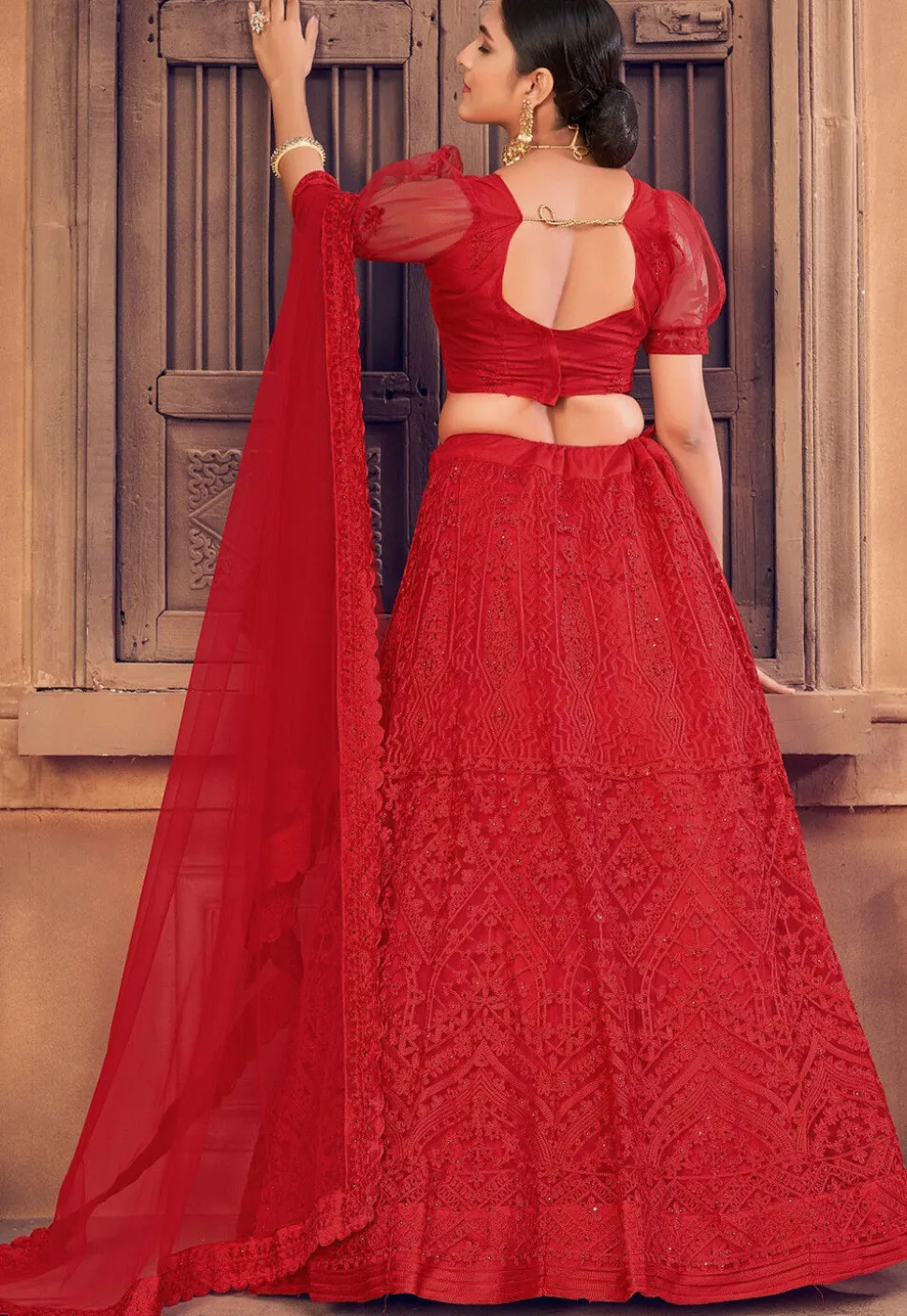 Embroidered Net Lehenga in Red