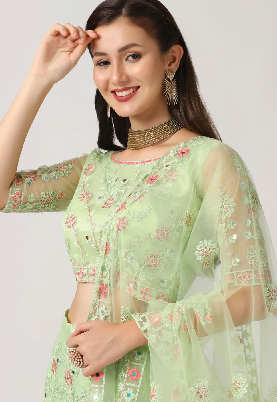 Embroidered Net Lehenga in Light Green
