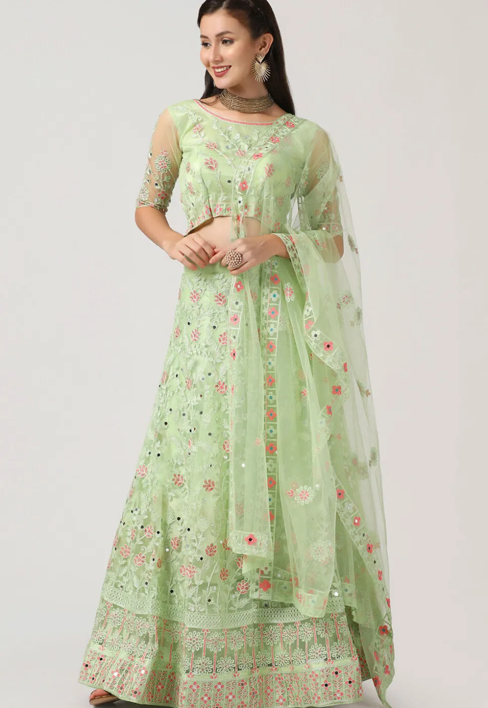 Embroidered Net Lehenga in Light Green