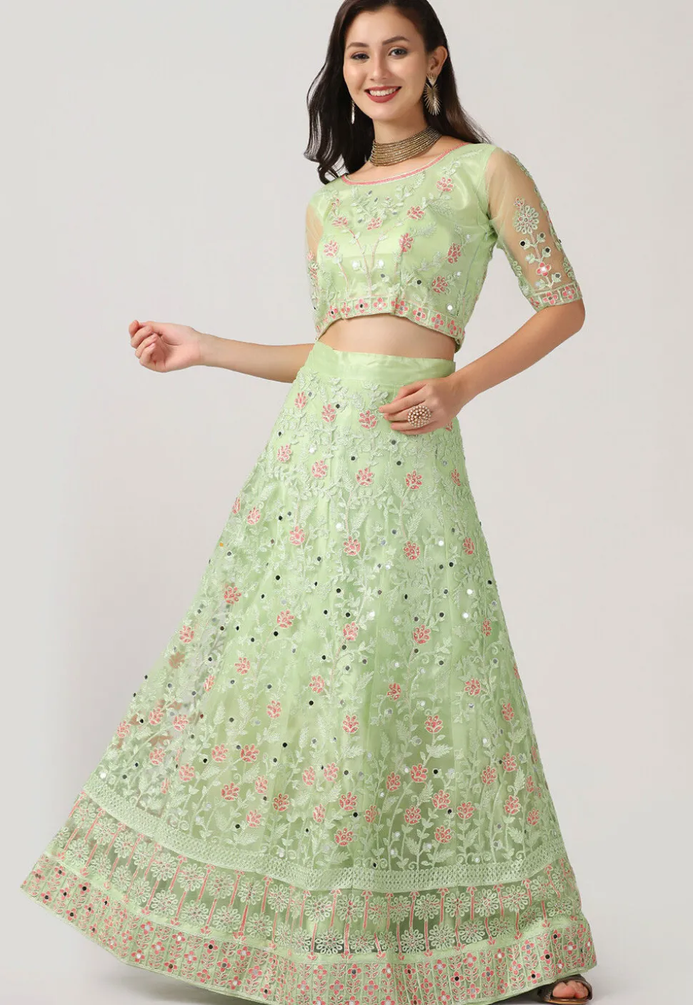 Embroidered Net Lehenga in Light Green