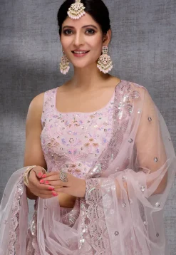 Embroidered Net Lehenga in Pink