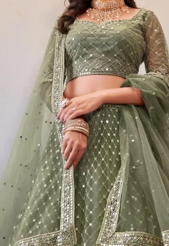 Embroidered Net Lehenga in Light Olive Green