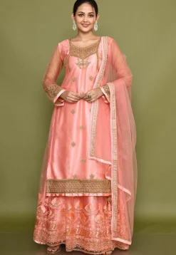 Embroidered Net Lehenga in Pink