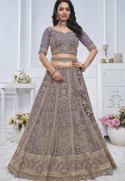 Embroidered Net Lehenga in Purple