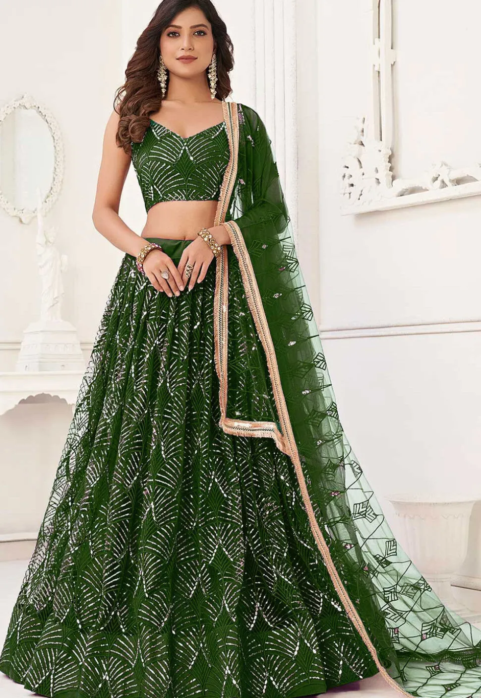 Embroidered Net Lehenga in Green