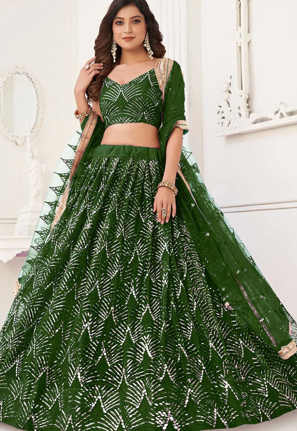 Embroidered Net Lehenga in Green