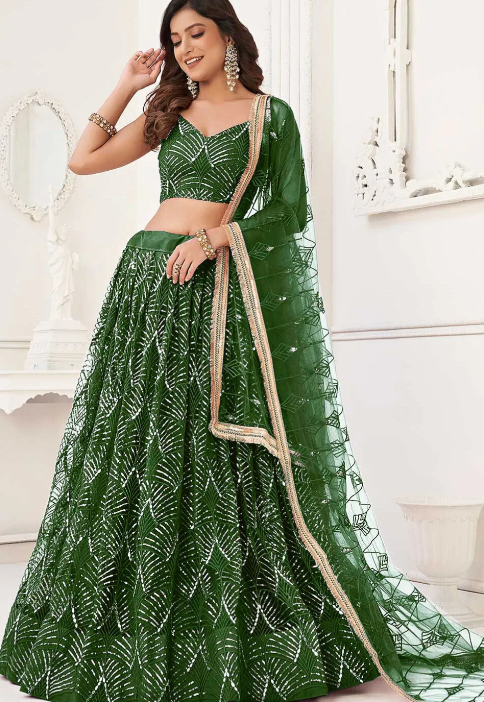 Embroidered Net Lehenga in Green