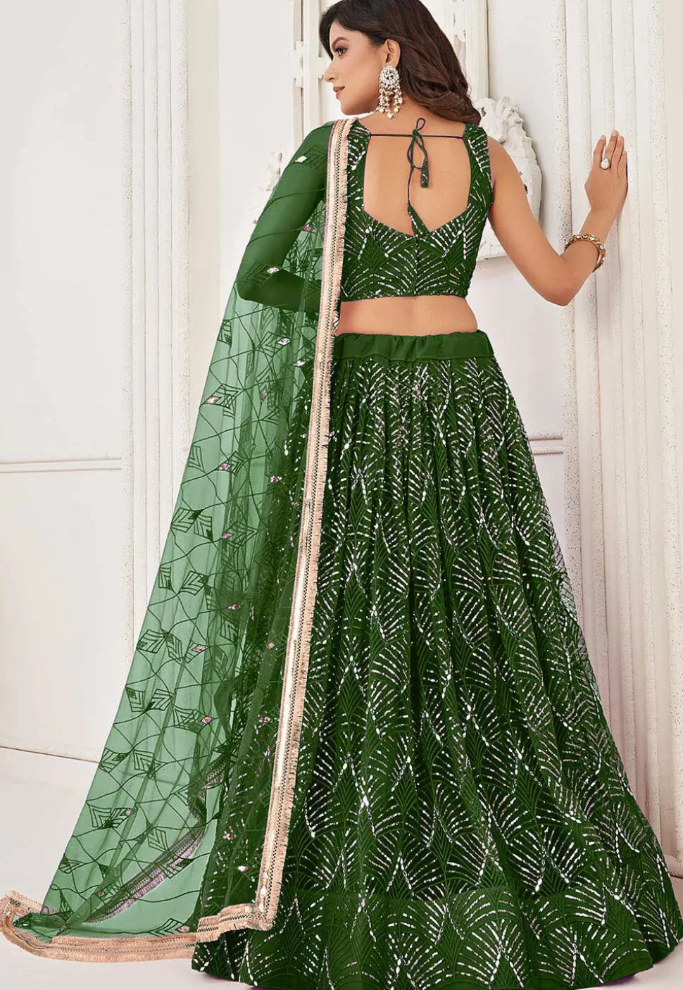 Embroidered Net Lehenga in Green