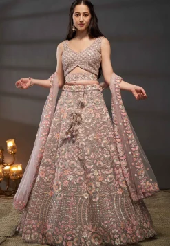 Embroidered Net Lehenga in Old Rose