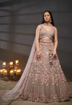 Embroidered Net Lehenga in Old Rose