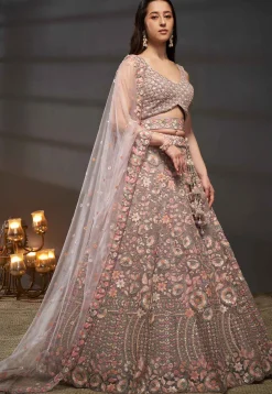 Embroidered Net Lehenga in Old Rose