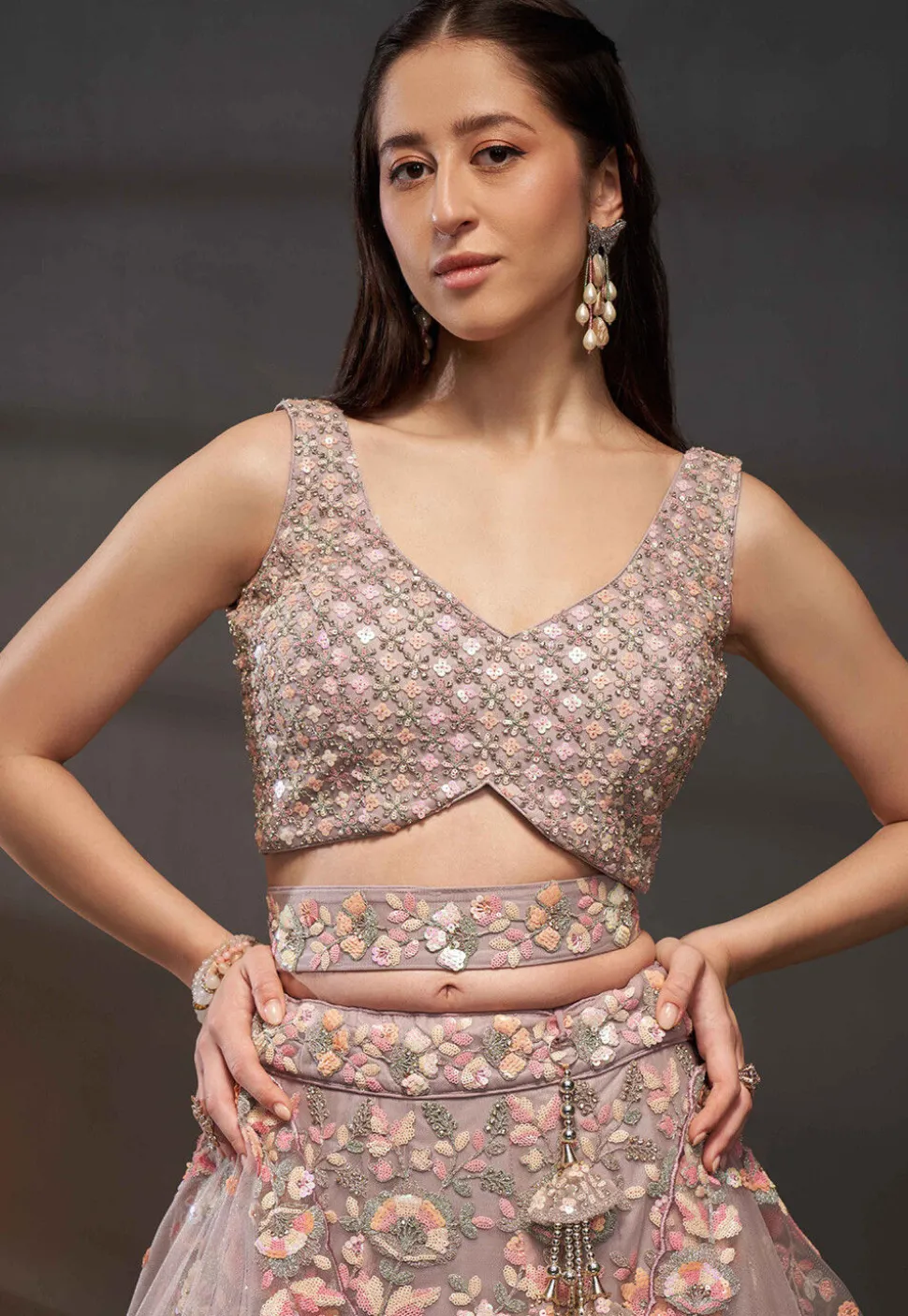Embroidered Net Lehenga in Old Rose