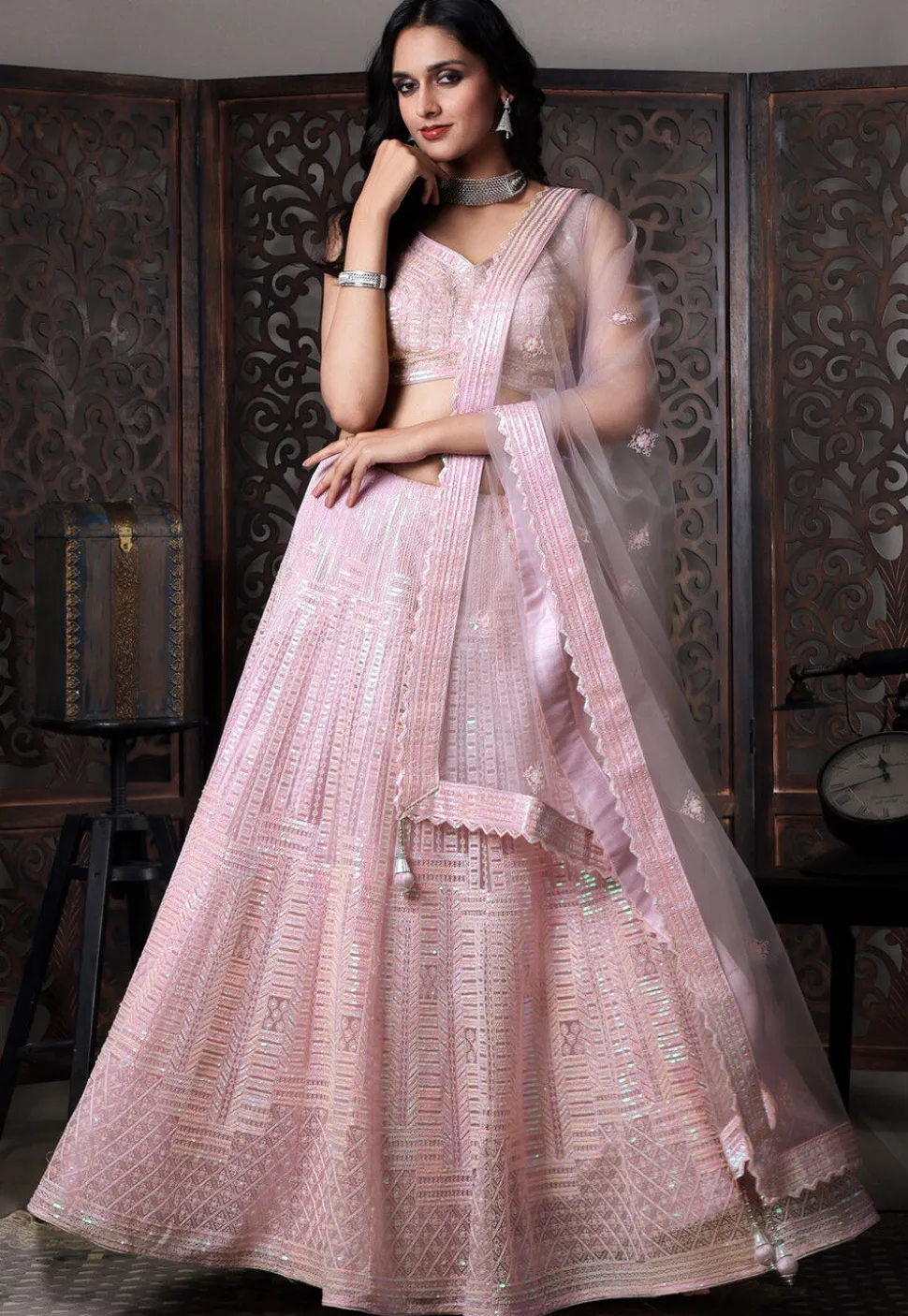 Embroidered Net Lehenga in Pink