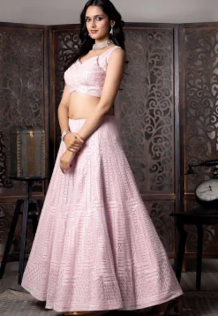 Embroidered Net Lehenga in Pink