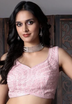 Embroidered Net Lehenga in Pink