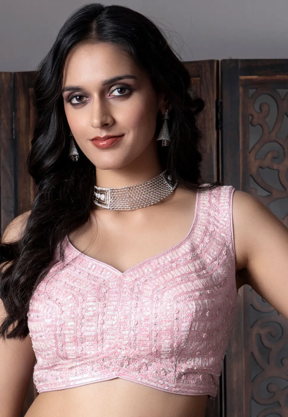 Embroidered Net Lehenga in Pink