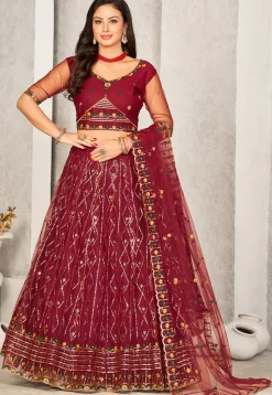 Embroidered Net Lehenga in Maroon