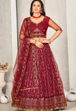 Embroidered Net Lehenga in Maroon