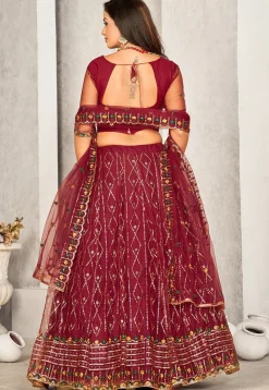 Embroidered Net Lehenga in Maroon