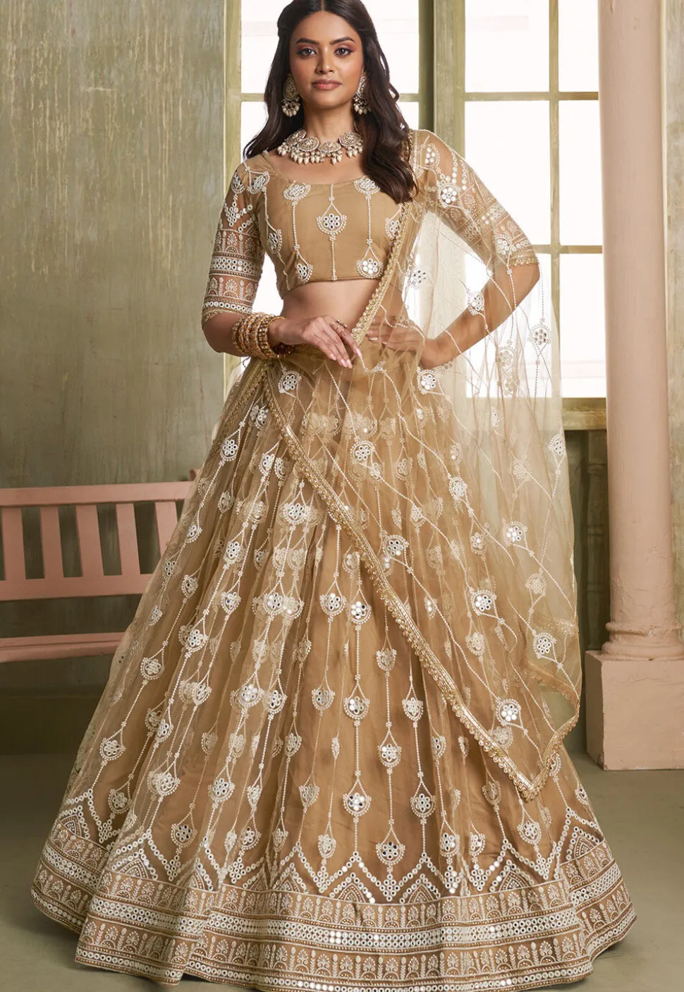 Embroidered Net Lehenga in Beige