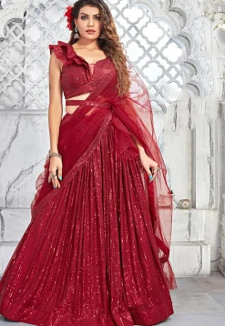 Embroidered Net Lehenga in Maroon