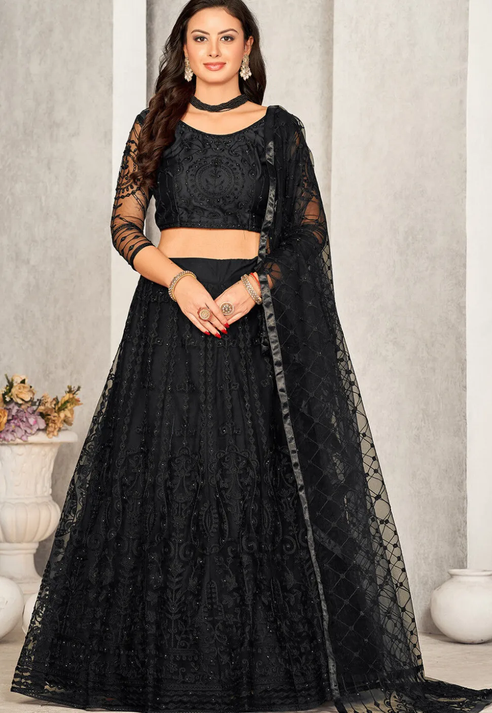 Embroidered Net Lehenga in Black