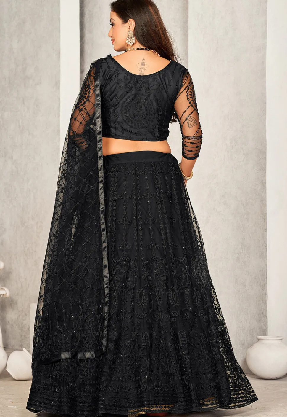 Embroidered Net Lehenga in Black