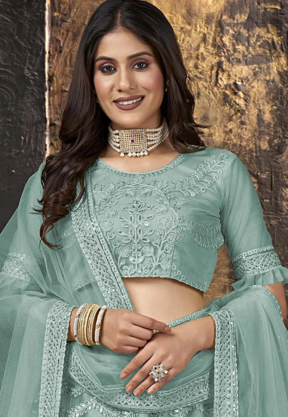 Embroidered Net Lehenga in Sea Green