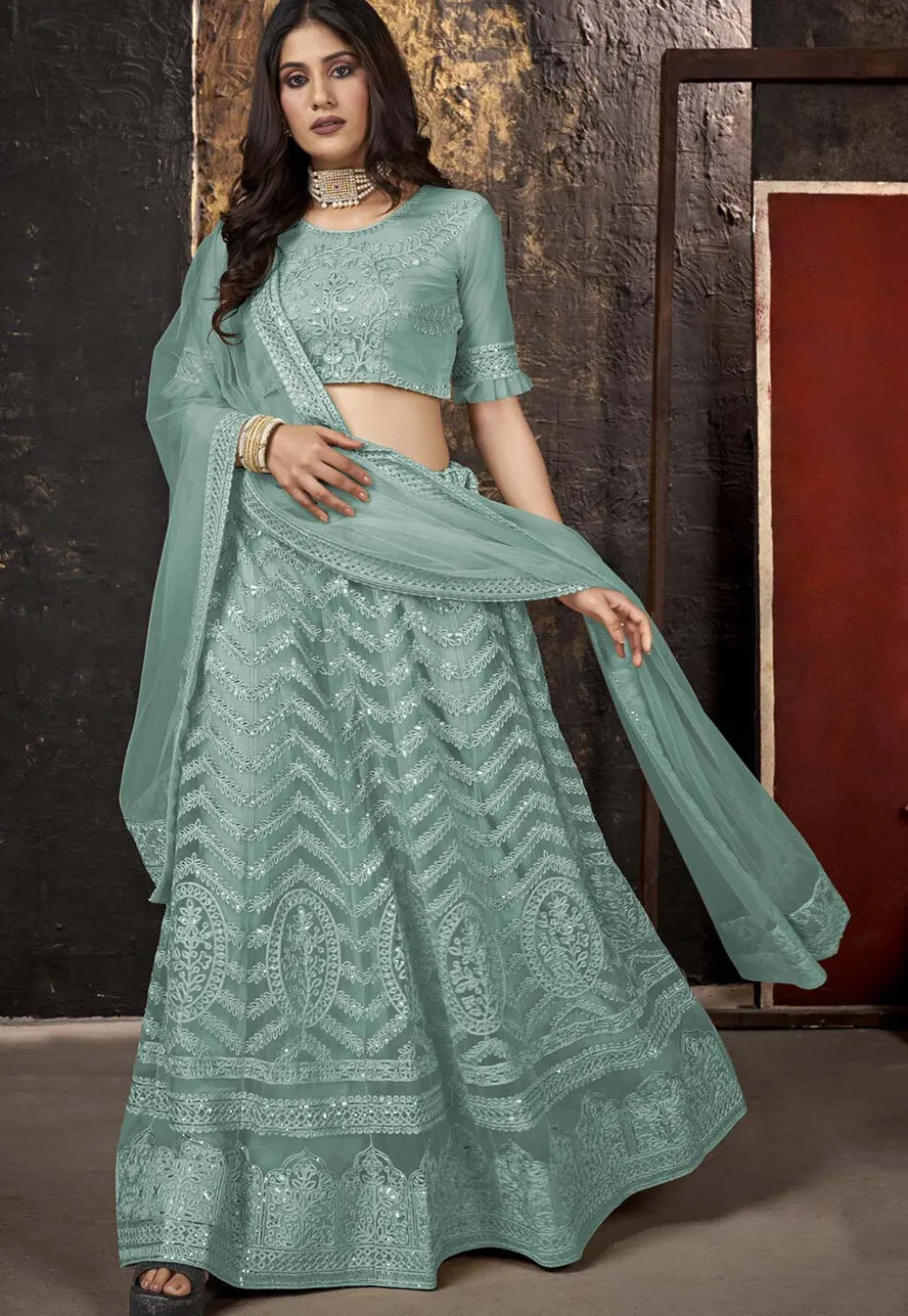 Embroidered Net Lehenga in Sea Green