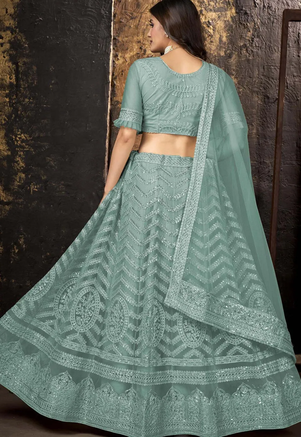 Embroidered Net Lehenga in Sea Green