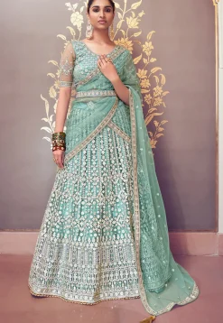 Embroidered Net Lehenga in Light Blue