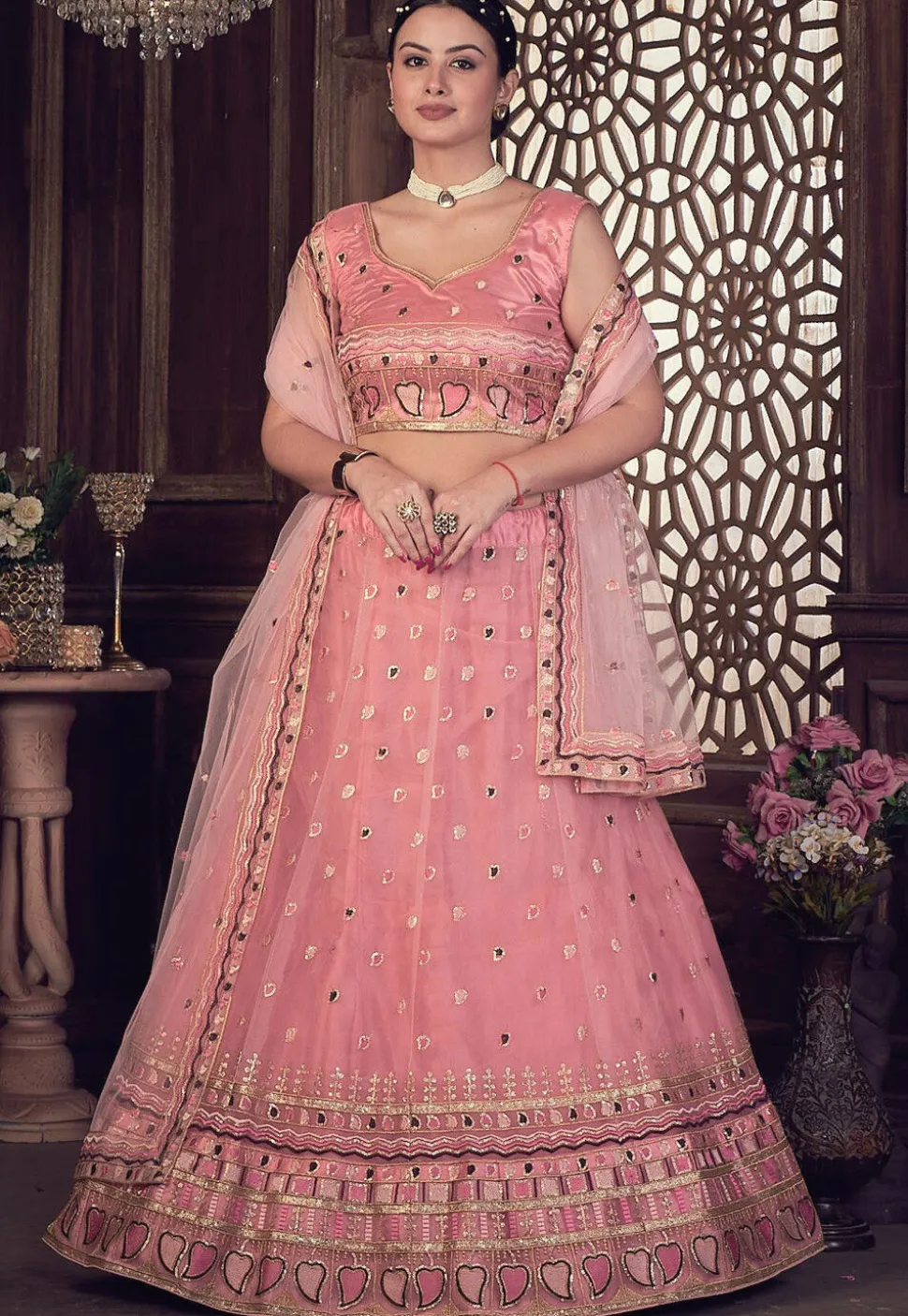 Embroidered Net Lehenga in Pink