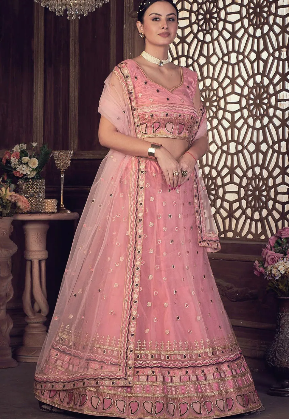 Embroidered Net Lehenga in Pink