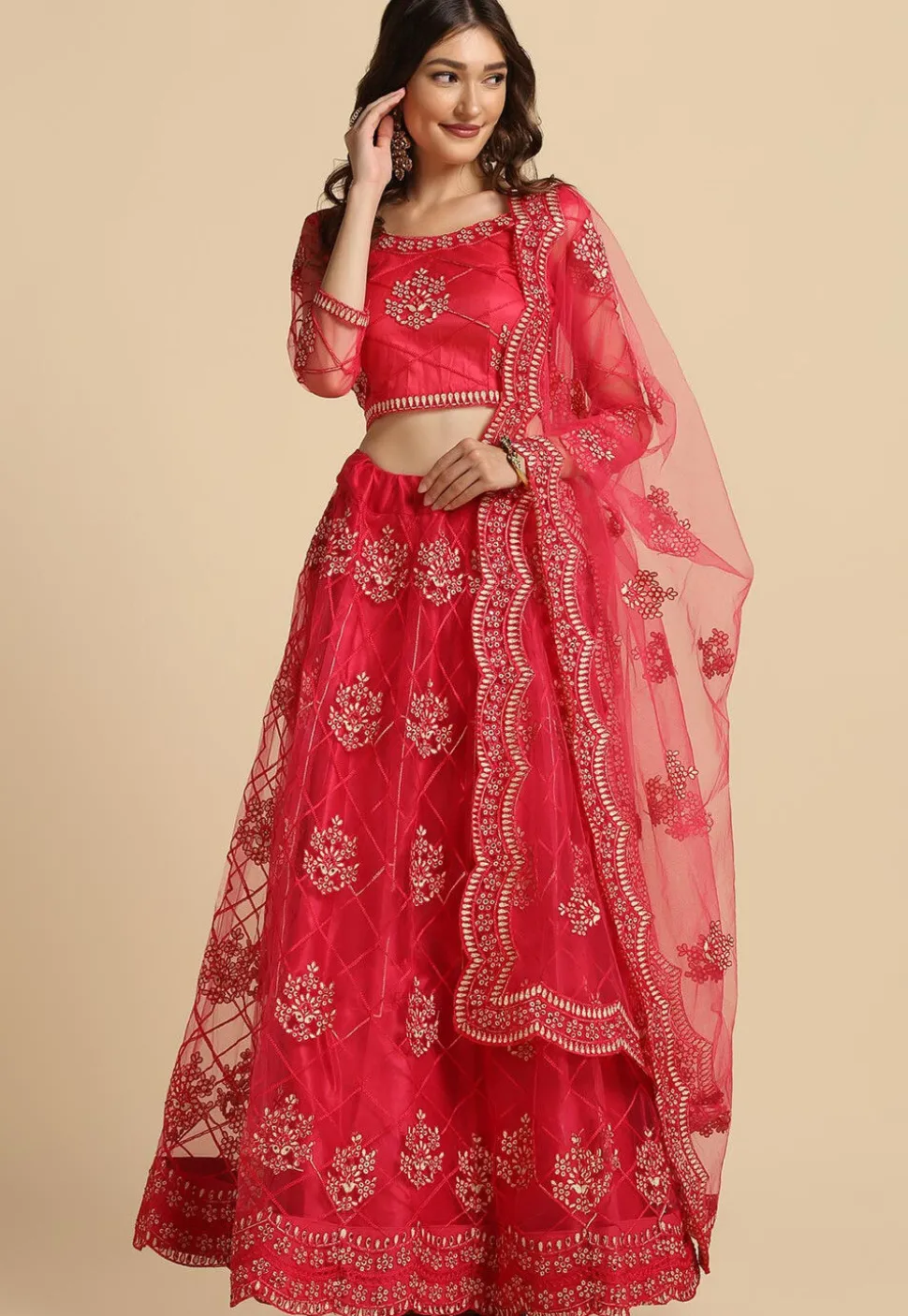 Embroidered Net Lehenga in Pink