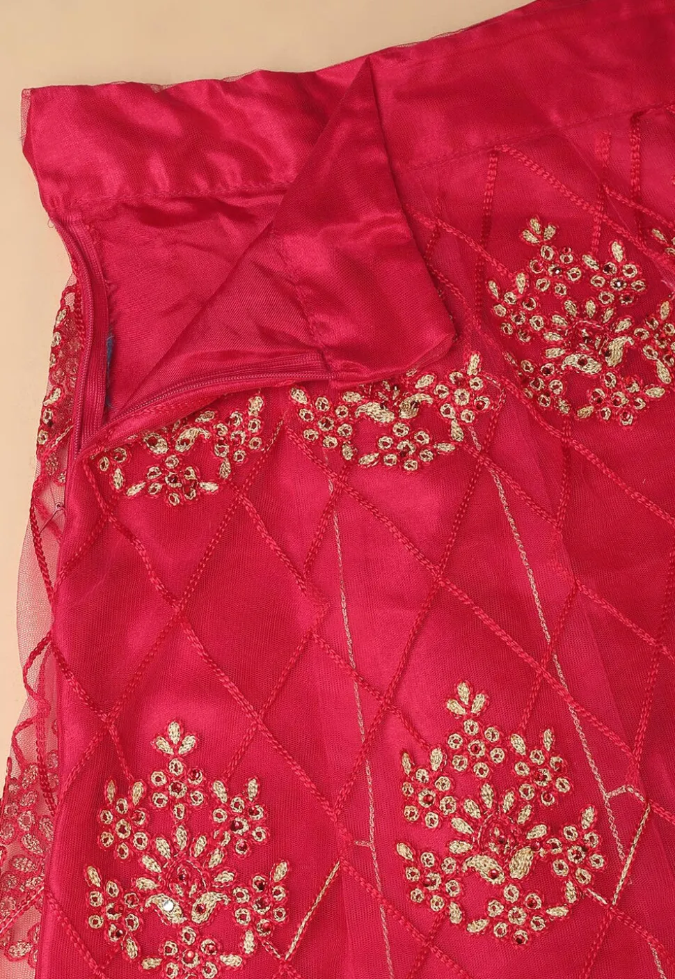 Embroidered Net Lehenga in Pink