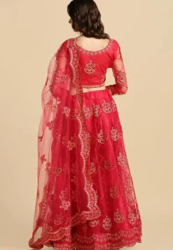 Embroidered Net Lehenga in Pink