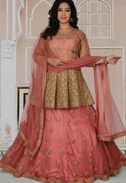 Embroidered Net Lehenga in Peach