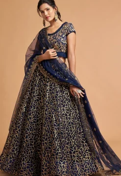 Embroidered Net Lehenga in Navy Blue