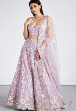 Embroidered Net Lehenga in Light Purple
