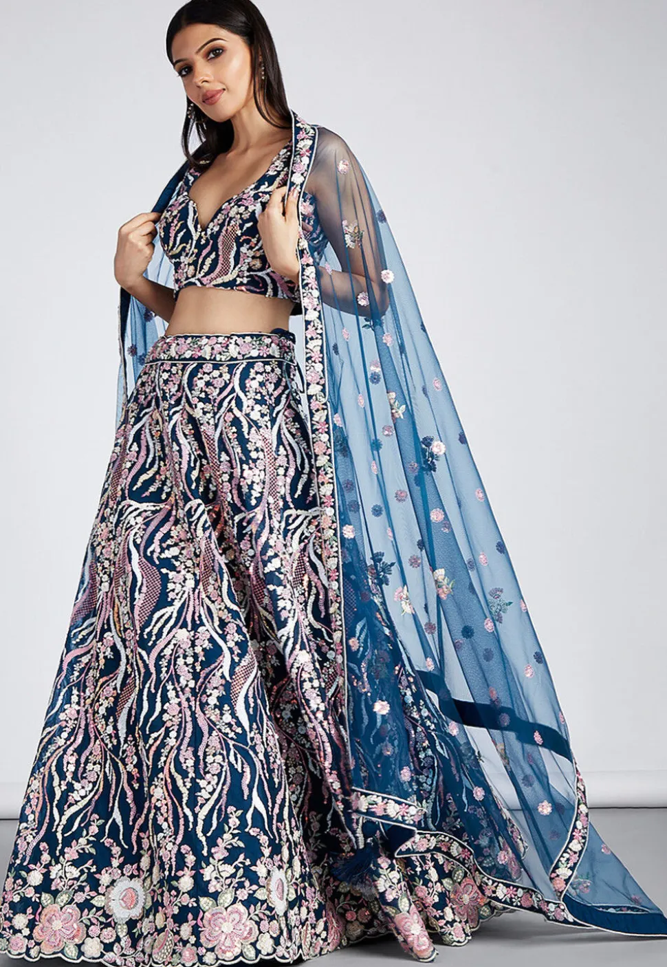 Embroidered Net Lehenga in Teal Blue