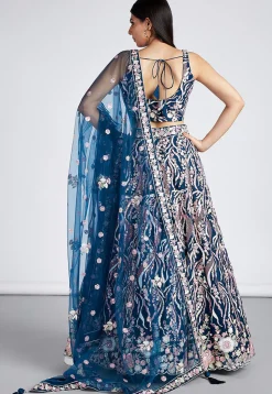 Embroidered Net Lehenga in Teal Blue