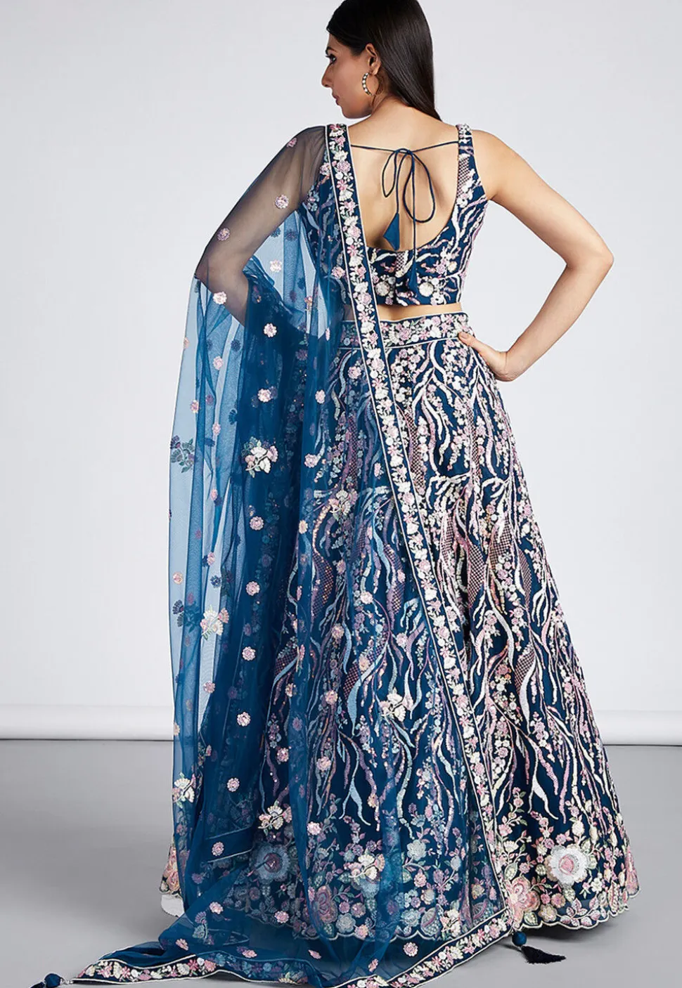 Embroidered Net Lehenga in Teal Blue