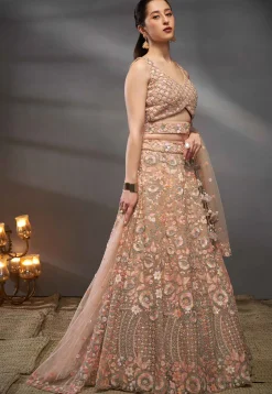 Embroidered Net Lehenga in Peach