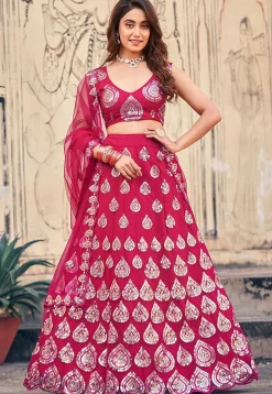 Embroidered Net Lehenga in Fuchsia
