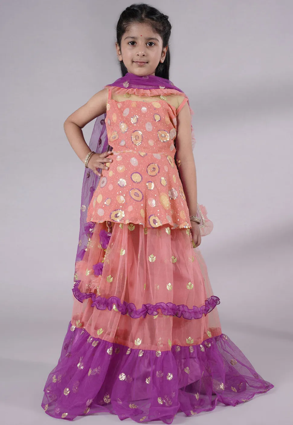 Embroidered Net Lehenga in Peach and Purple