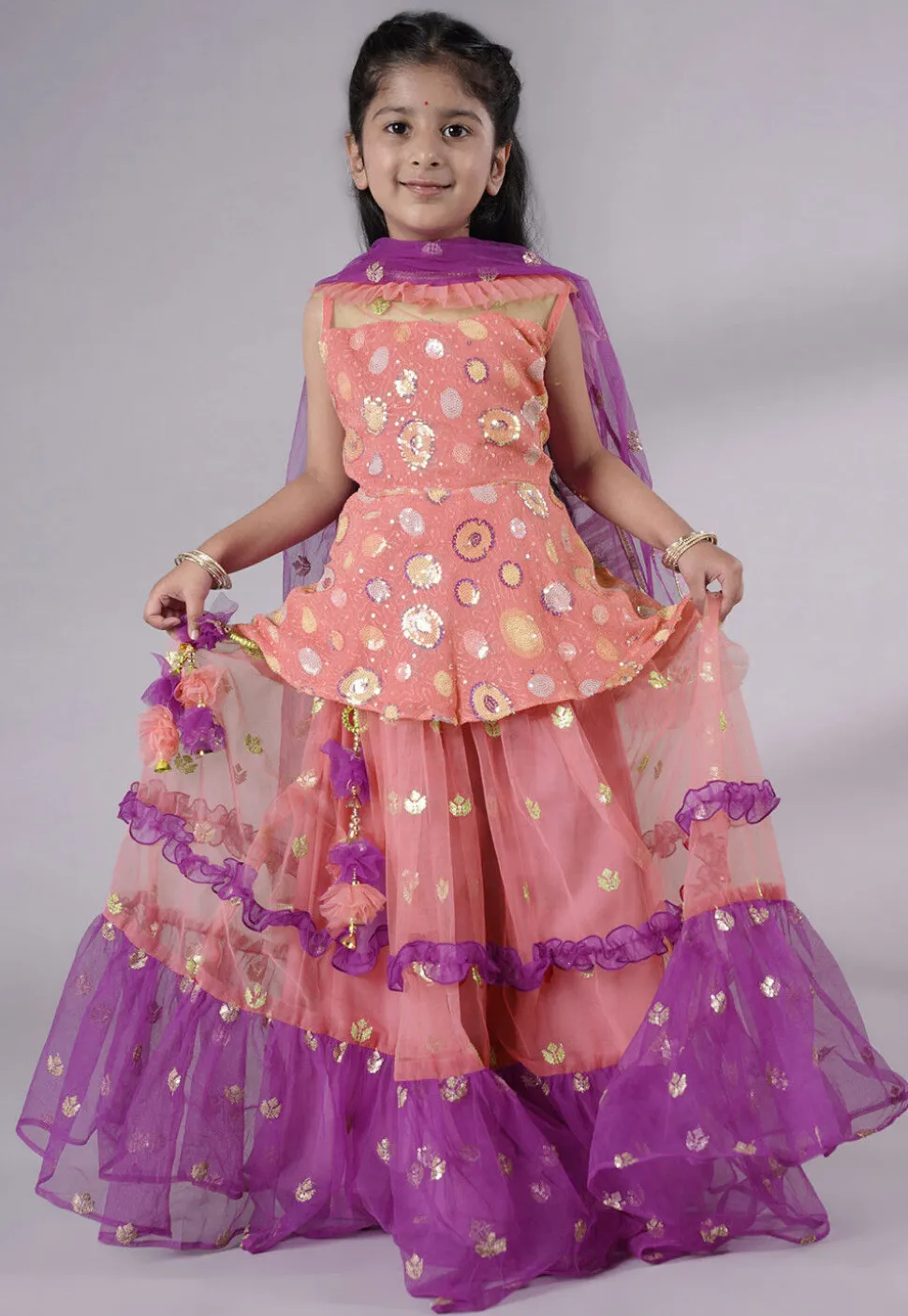 Embroidered Net Lehenga in Peach and Purple