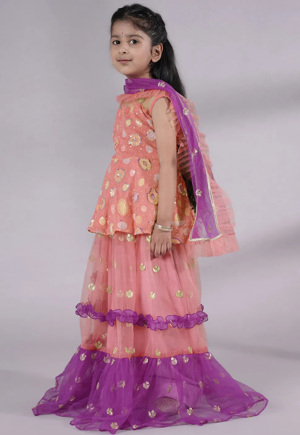 Embroidered Net Lehenga in Peach and Purple