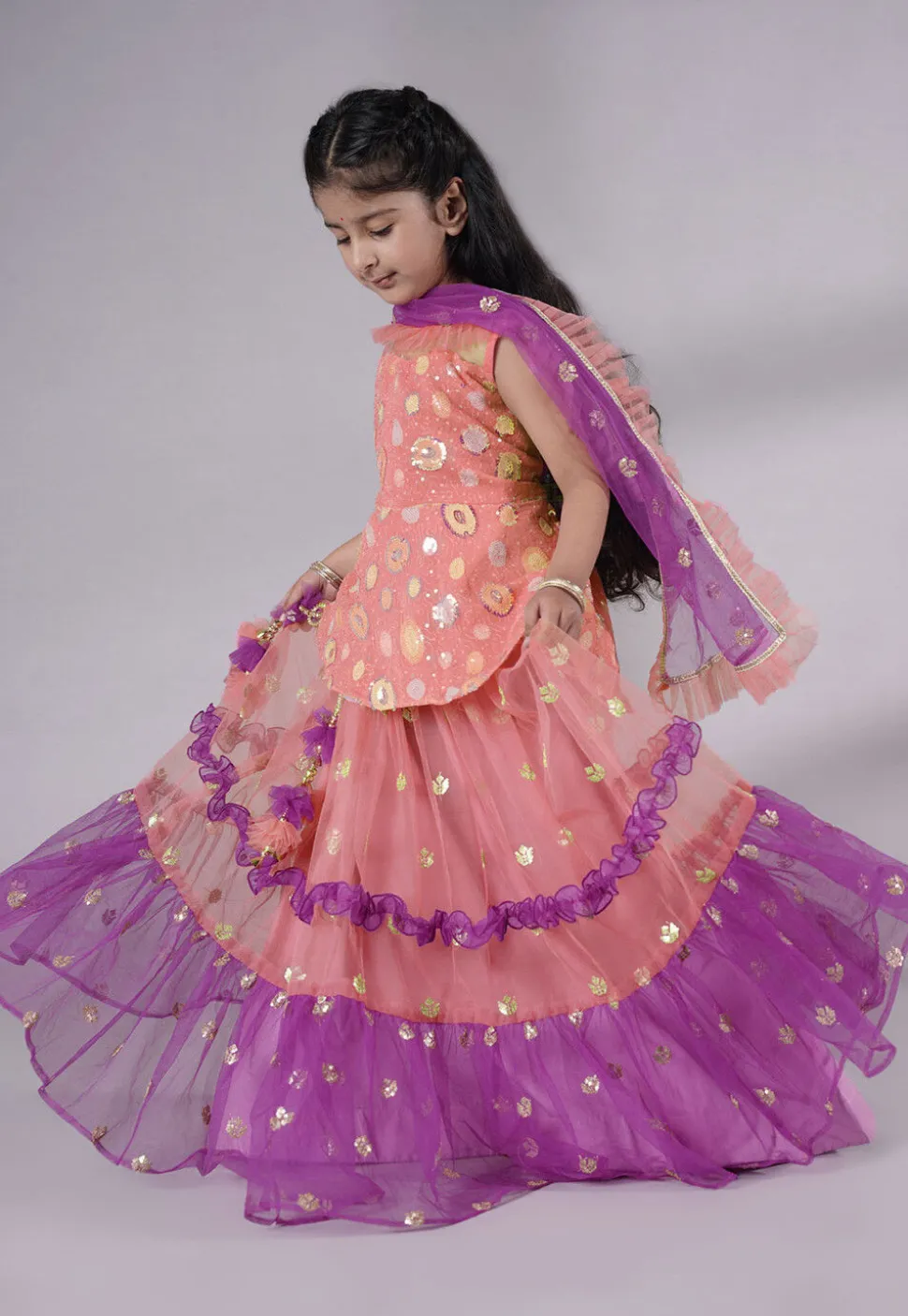 Embroidered Net Lehenga in Peach and Purple