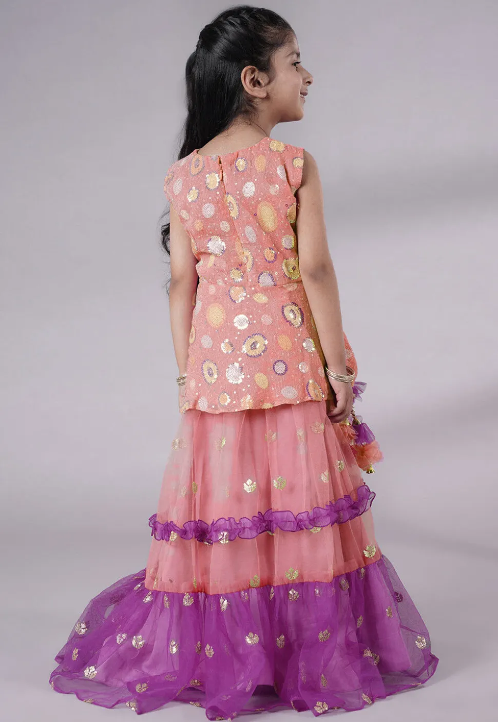 Embroidered Net Lehenga in Peach and Purple