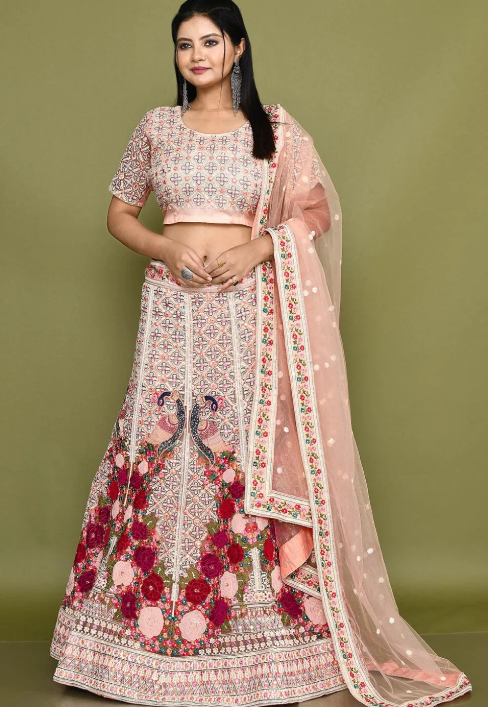 Embroidered Net Lehenga in Peach